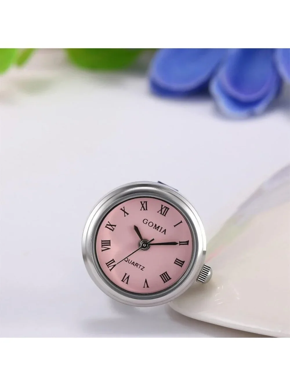 Unisex Silver Pink Quartz Roman Numeral Adjustable Open Band Finger Ring Watch